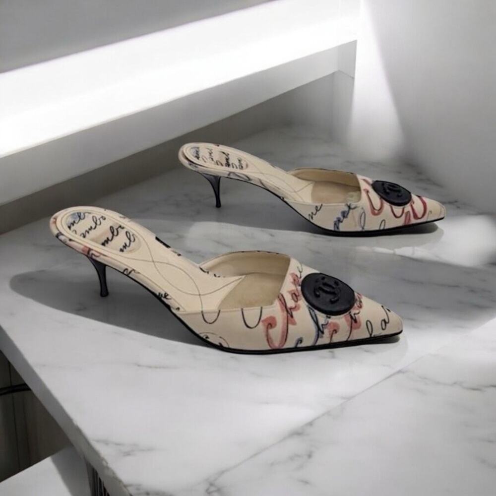 Vintage Y2K Chanel Script-Print CC Logo Women’s Mules Size 38 - Picture 3 of 15